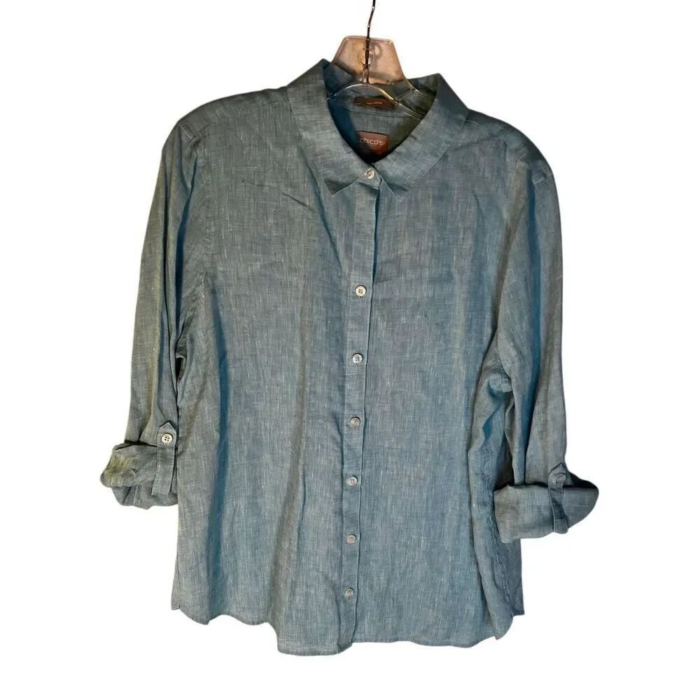 Chico's Chambray Long Sleeve Roll Tab Button Shirt Size 2 12/14